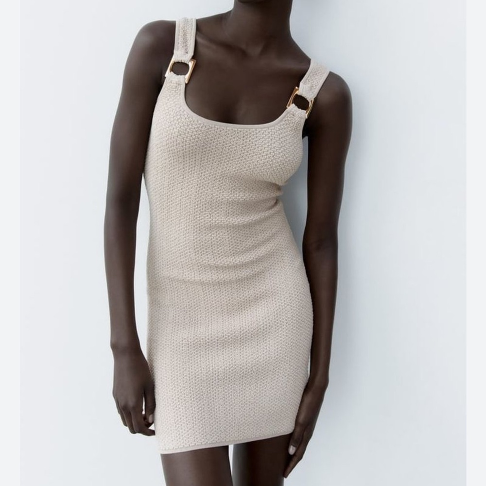 Zara Knit Neutral Bodycon Dress w Gold Details